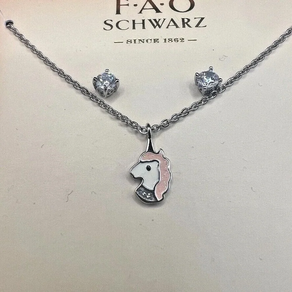 FAO Schwarz Childrens Unicorn Necklace & Earrings Set Fine Silver Plate Gift Box